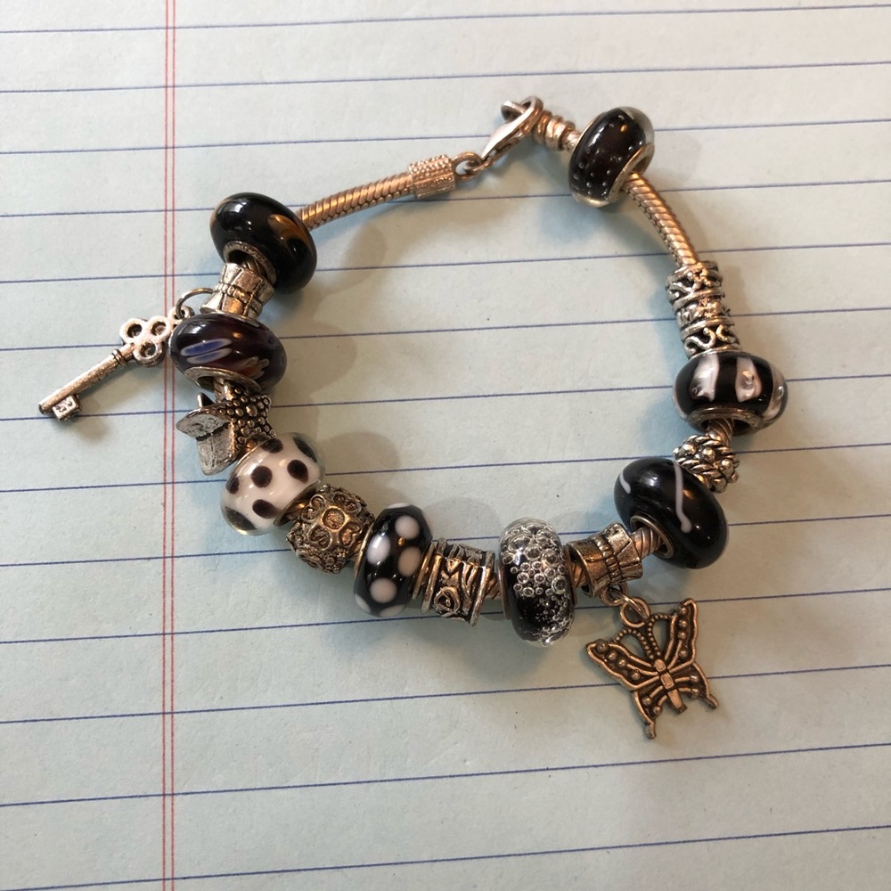 Silver Bracelet with Black and White Beads
